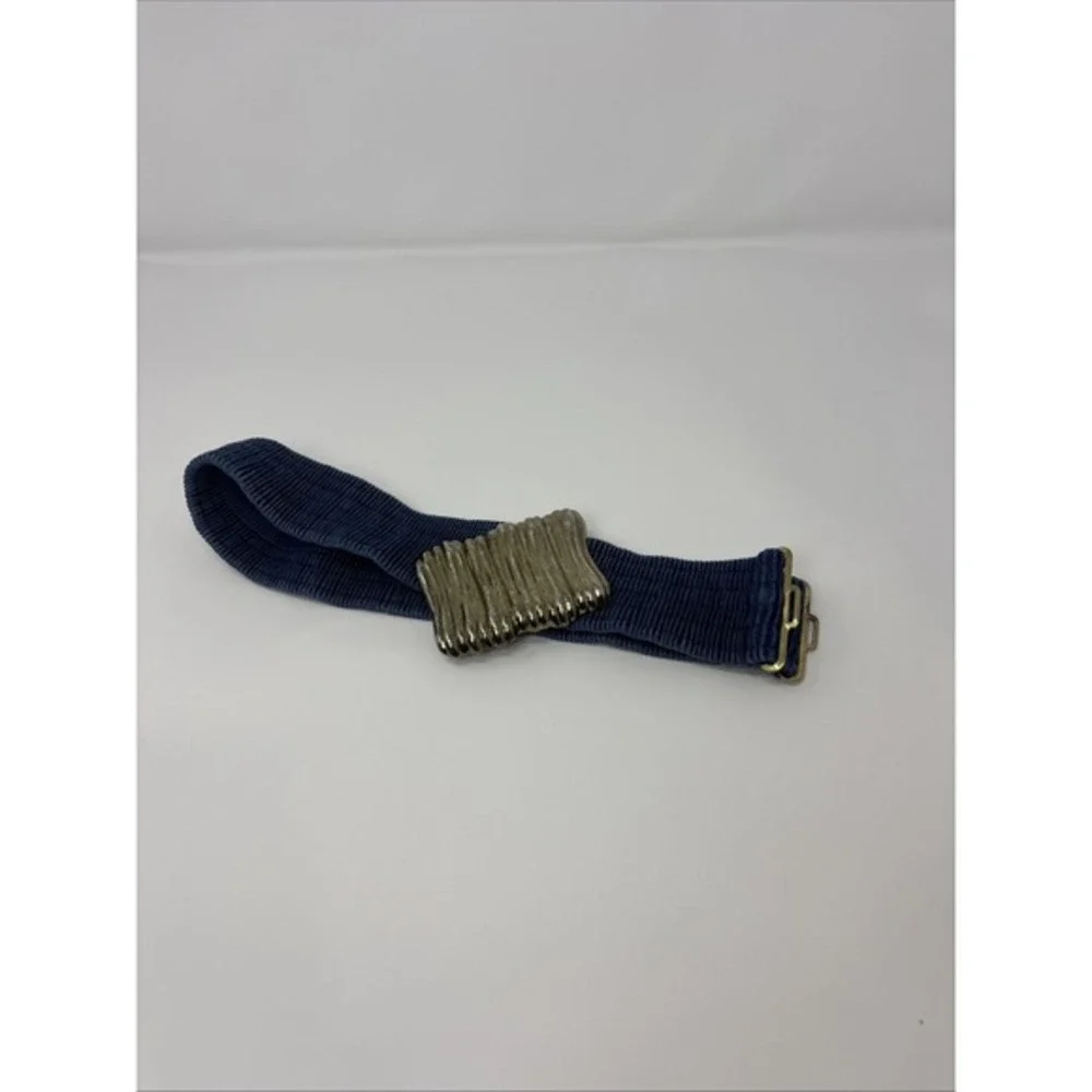 Vintage Navy Blue Elastic Cinch Belt Gold Tone Textured Sculptural‎ Buckle Retro
